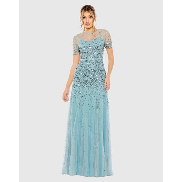 MAC DUGGAL HIGH NECK SHORT SLEEVE‎ SEQUIN EMBELLISHED DRESS BLUE SZ 8 93909 NEW - Picture 1 of 5